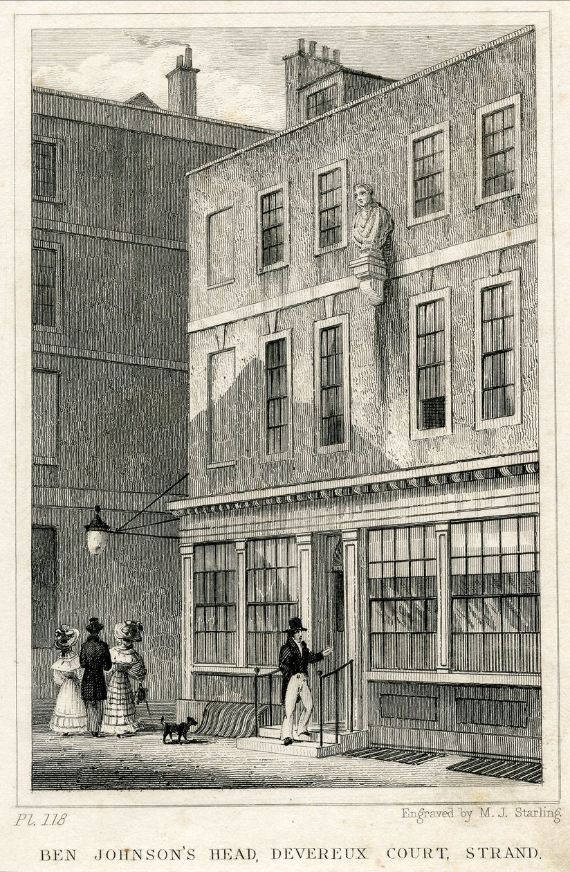 Grecian Coffee House, Devereux Court, Strand, z popiersiem Bena Johnsona (grawerunek) autorstwa English School