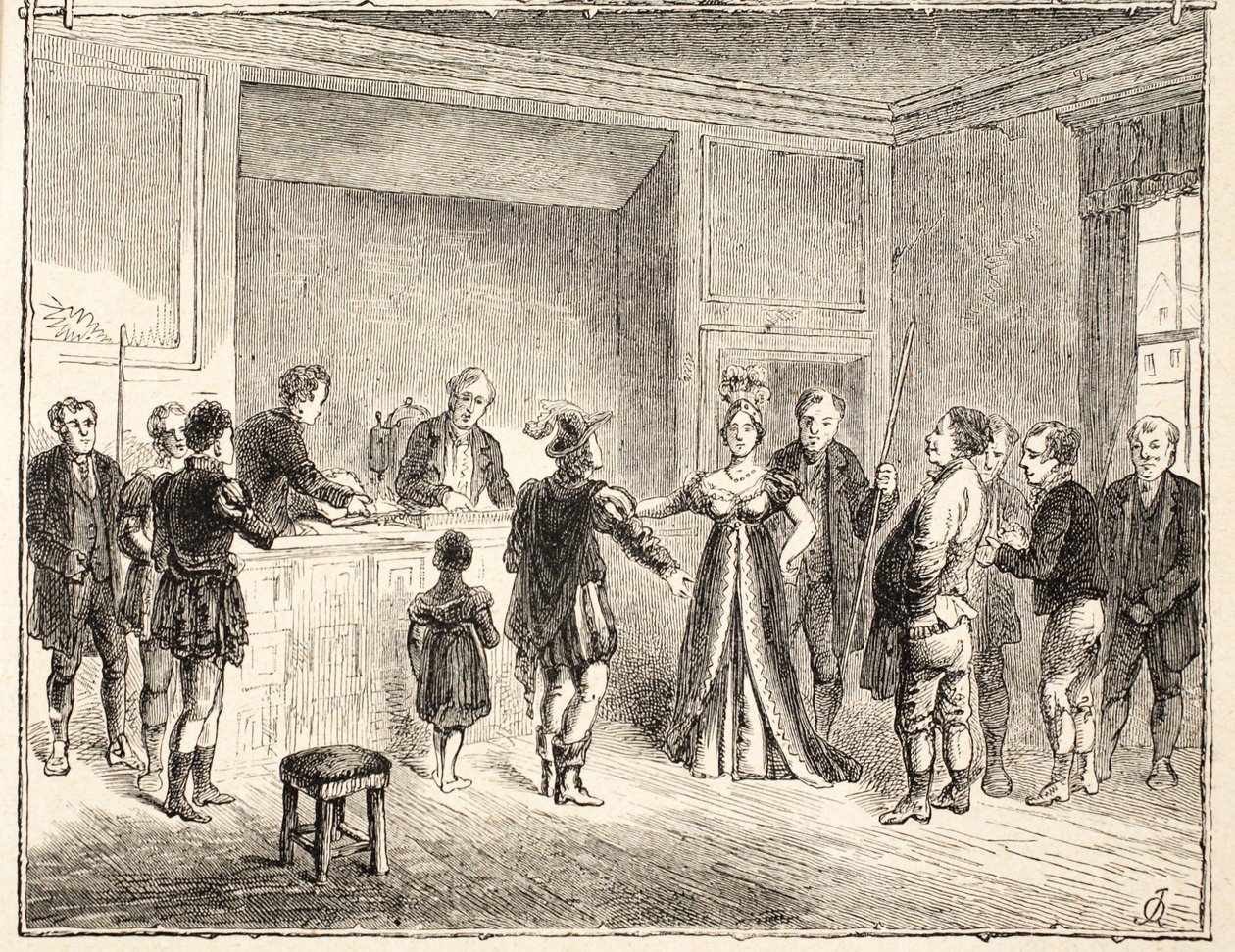 Ręka i nożyce, sprawa przed sądem Pie-Poudre, z rysunku z 1811 r. autorstwa English School
