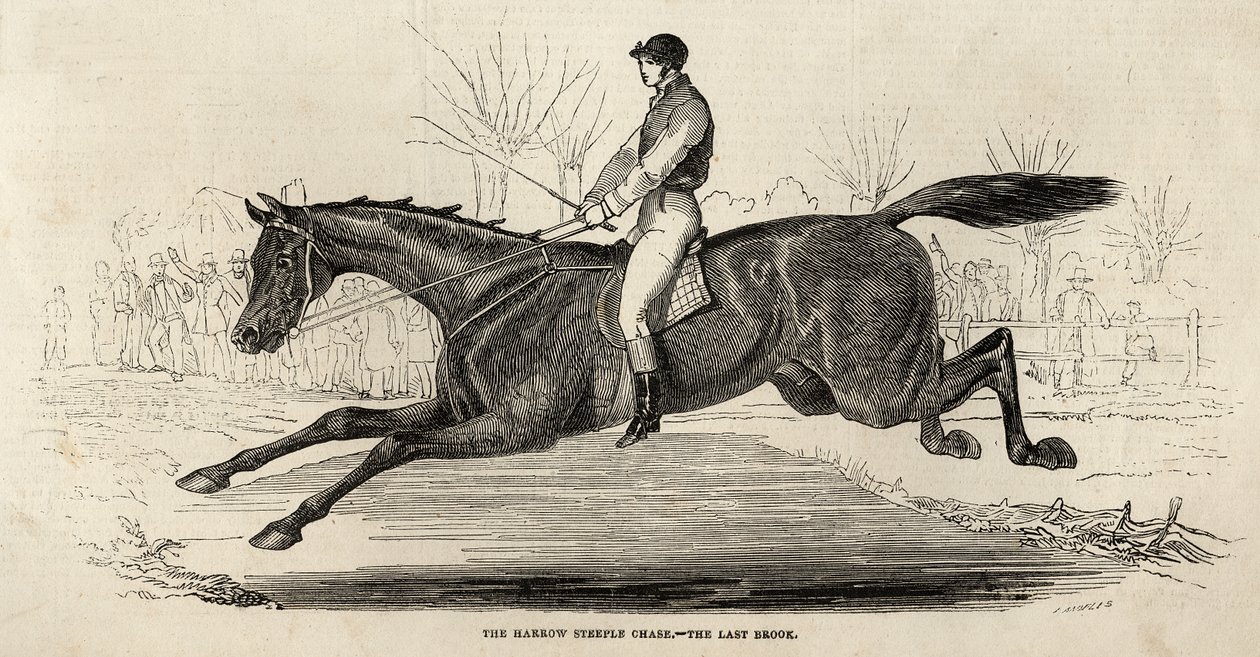 The Harrow Steeple Chase: The Last Brook, z „The Illustrated London News”, 26 kwietnia 1845 (rycina) autorstwa English School