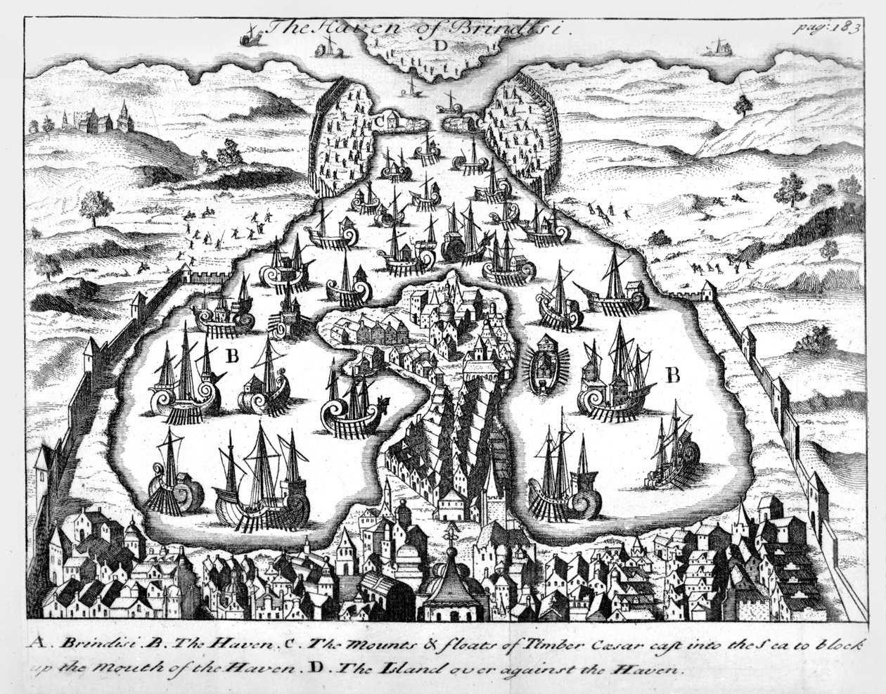Przystań Brindisi, ilustracja do „Komentarzy Juliusza Cezara o jego wojnach w Galii i wojnie domowej z Pompejuszem” przetłumaczona na język angielski przez Martina Bladena, opublikowana w 1706 r. autorstwa English School