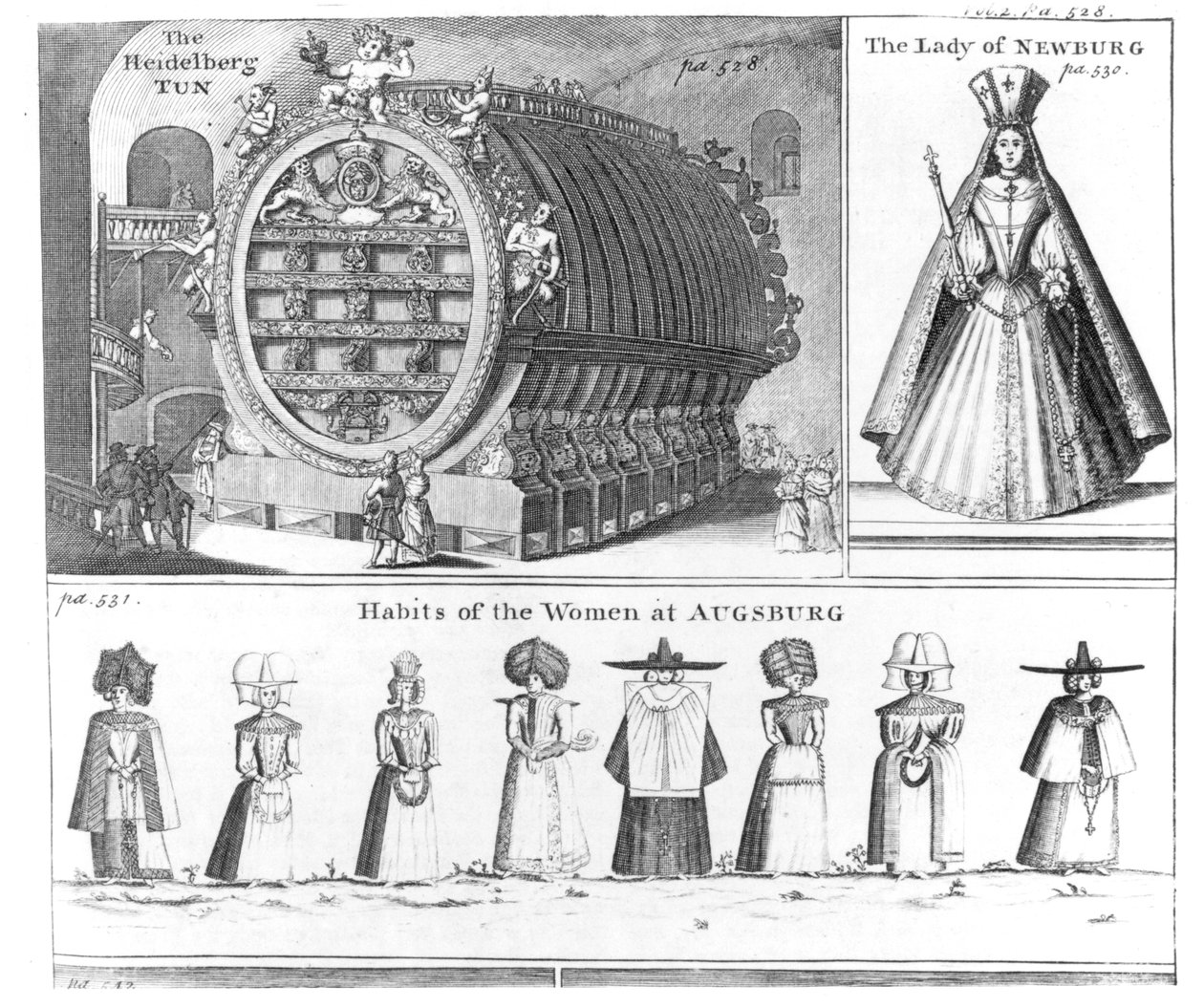 Heidelberg Tun, The Lady of Newburg and Habits of the Women of Augsburg, z Missons Nouveau voyage dItalie opublikowany w Navigantium atque Itinerantium Bibliotheca przez Harrisa, wydanie poprawione, 174 autorstwa English School