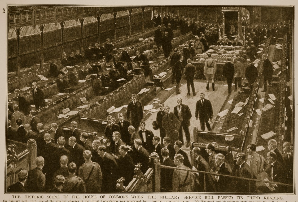 Scena historyczna w Izbie Gmin, kiedy projekt ustawy o służbie wojskowej przeszedł trzecie czytanie, 1914-19 autorstwa English School