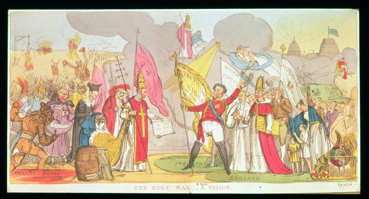 Święta wojna - Wizja, satyryczny komiks o walce o emancypację katolicką w Irlandii, 1826 r. autorstwa English School