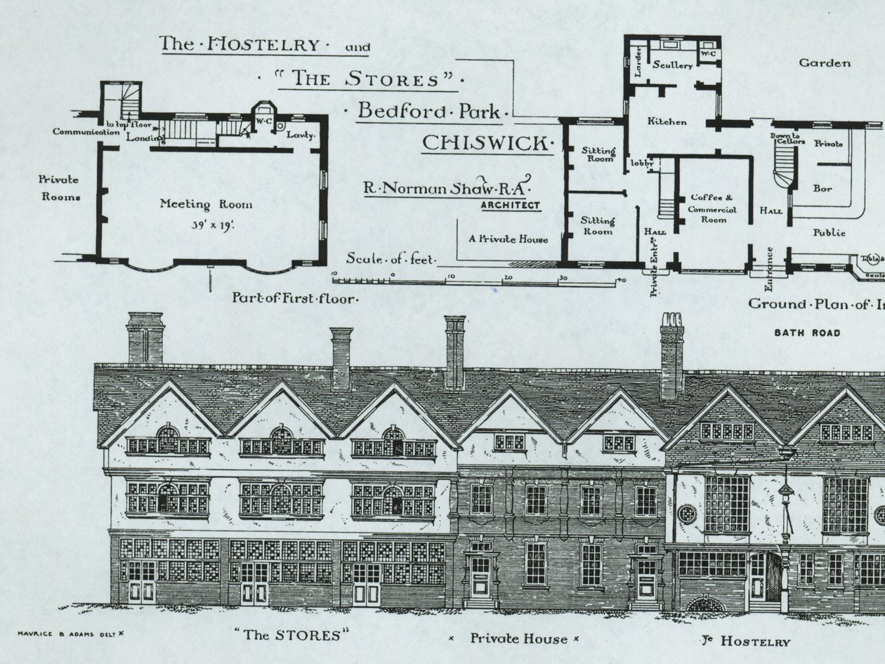 Hostelry and The Stores, Bedford Park, Chiswick, z The Building News, 1877 autorstwa English School