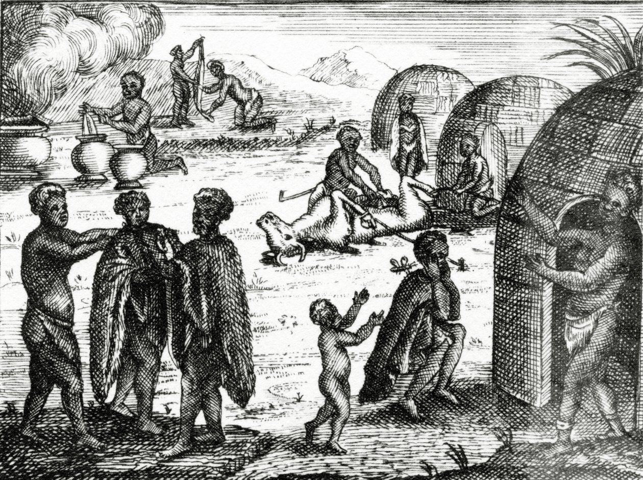 Hotentoci uwielbiają pewnego owada, ilustracja z „Obecnego stanu Przylądka Dobrej Nadziei” Petera Kolba, wydana w 1731 r. autorstwa English School