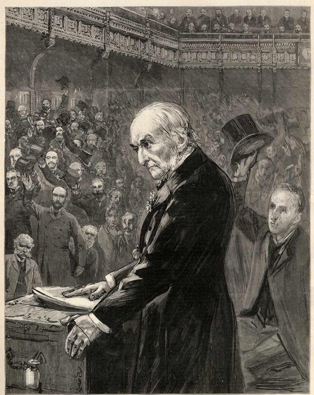 Izba Gmin, 13 lutego 1893: William Ewart Gladstone, liberalny premier, przedstawia drugą ustawę o zasadach samorządności. autorstwa English School