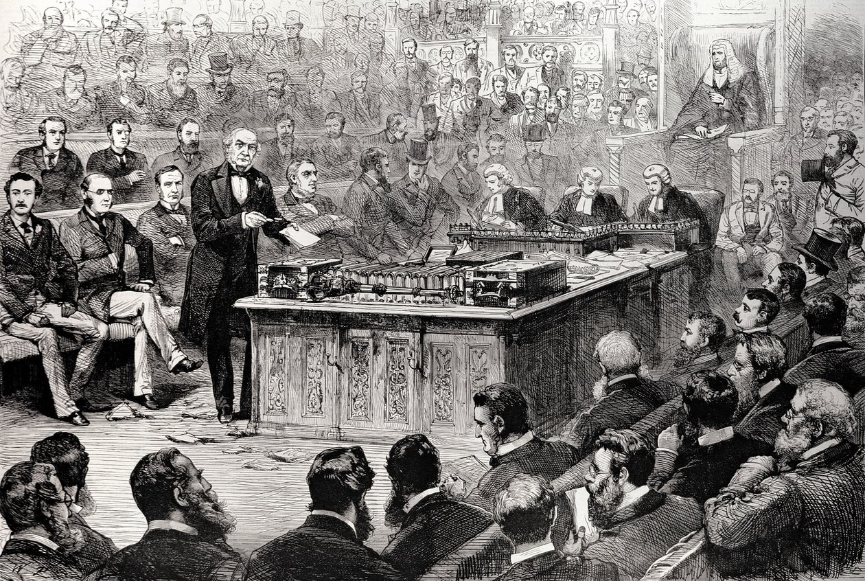 4-р сарын 8-ны Пүрэв гарагт Нийтийн танхим: 1886 оны 4-р сарын 17-ны "The Illustrated London News" сэтгүүлээс Ирландын засгийн газрын тухай мэтгэлцээн. autorstwa English School