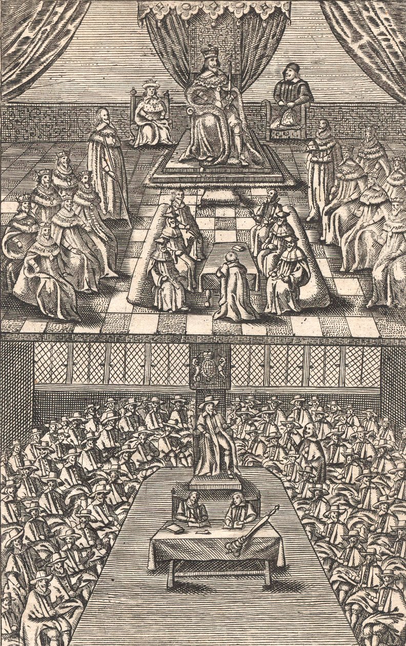 Izba Lordów i Izba Gmin za króla Karola I, ok. 1640 (kolorowy drzeworyt) autorstwa English School