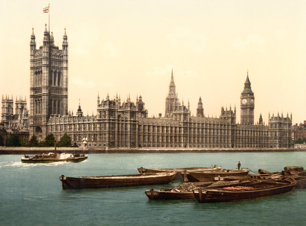 Houses of Parliament, Londyn (zdjęcie ręcznie kolorowane) autorstwa English School