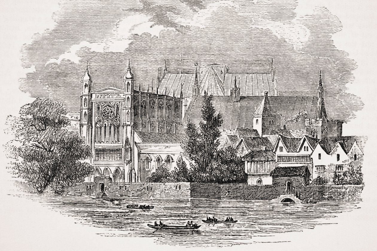 Houses of Parliament od rzeki w czasach Johna Hampdena, z „Starej Anglii Worthies” Lorda Broughama i innych, opublikowane w Londynie, ok. 1880 r. autorstwa English School