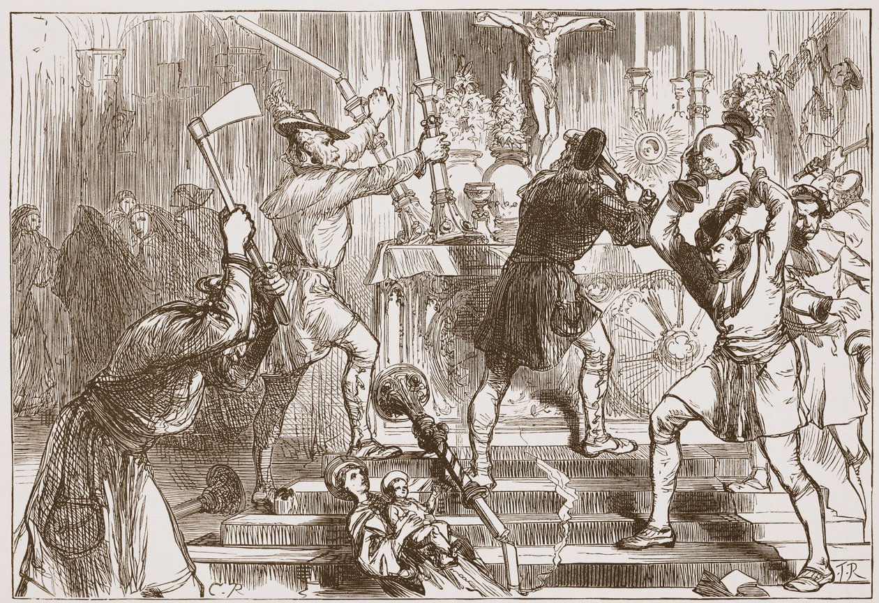 Obrazoburcy niszczą obrazy i dekoracje ołtarzowe kościoła rzymskokatolickiego, ilustracja z „Historii protestantyzmu” Jamesa Aitkena Wylie (1808-1890), wyd. 1878 (grawerowanie) autorstwa English School