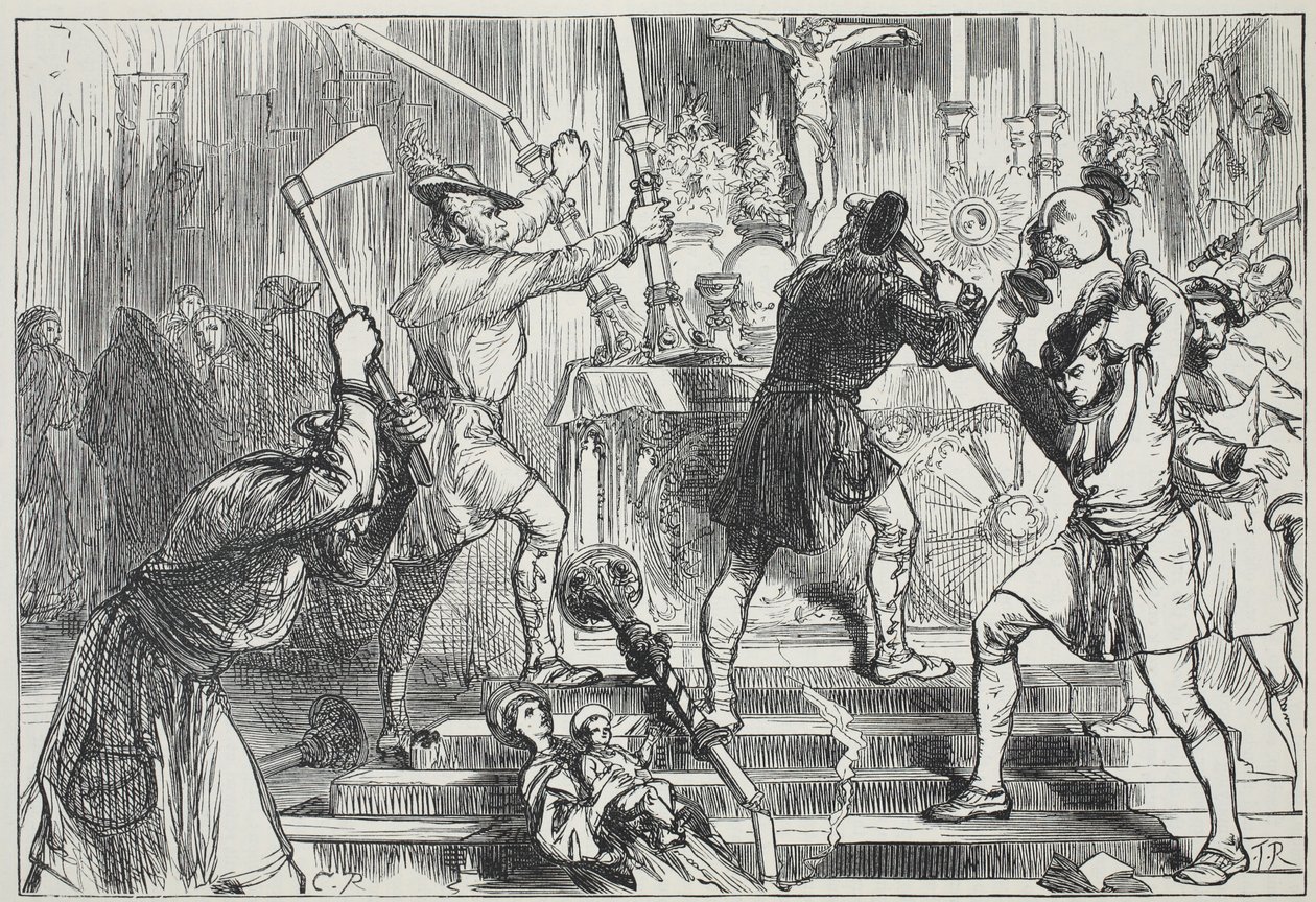 Ikonoklasci niszczą obrazy i dekoracje ołtarzowe kościoła rzymskokatolickiego, ilustracja z Historii protestantyzmu Jamesa Aitkena Wylie (1808-1890), wyd. 1878 autorstwa English School