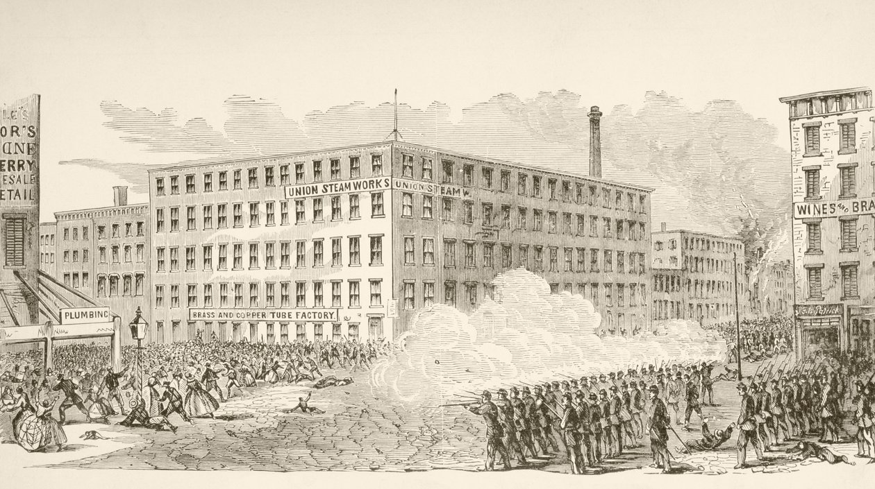 Incydent na Second Avenue podczas zamieszek poborowych w Nowym Jorku w lipcu 1863 r. (litho) autorstwa English School