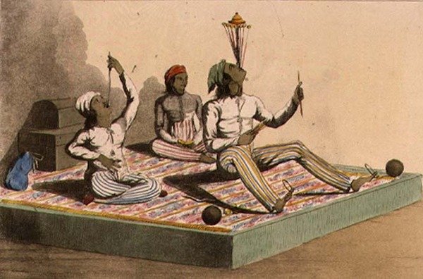 The Indian Jugglers, październik 1813, z „Repozytorium Sztuki Ackermanna”, publikacja 1809-28 (kolor lito) autorstwa English School