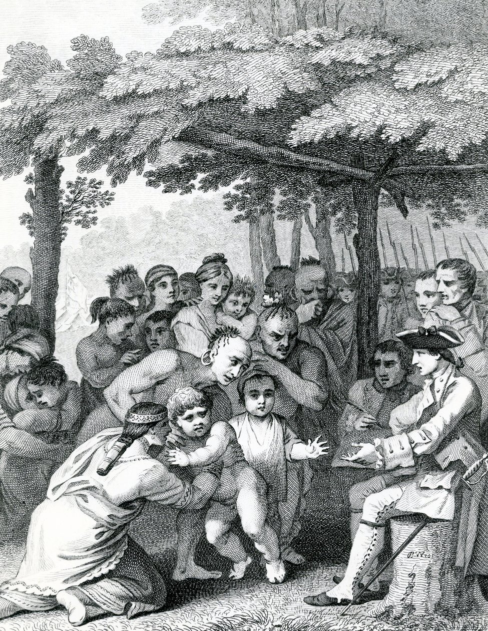 Indianie dostarczający angielskich jeńców pułkownikowi Bouquetowi w pobliżu jego obozu w Forks of Muskingham w Północnej Anerica, grawerowane przez Canota, 1764 autorstwa English School