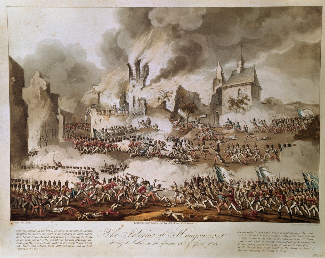 Wnętrze Hougoumont podczas bitwy w chwalebnym 18 czerwca 1815, rytowane przez T. Sutherland, opublikowane 1816 (akwatinta) autorstwa English School