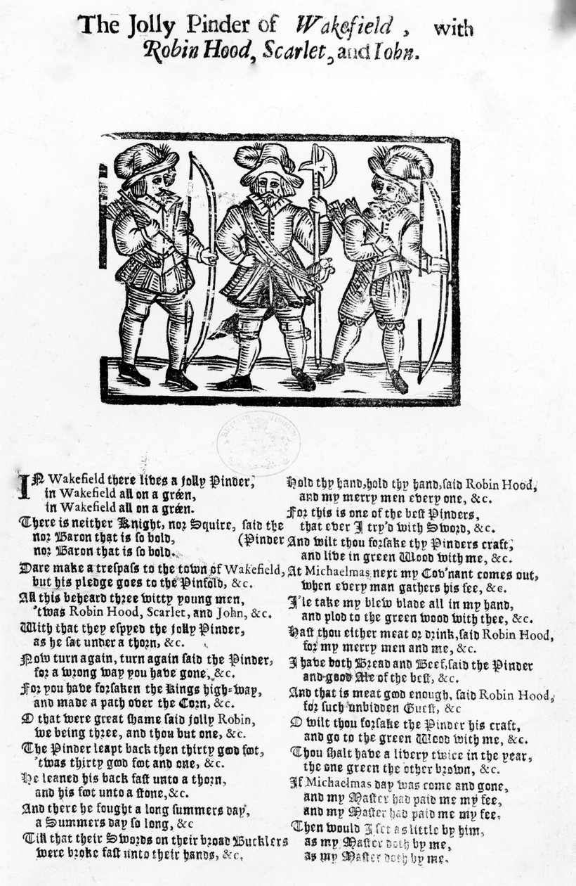 The Jolly Pindar of Wakefield z Robin Hoodem, Scarlet i Johnem, opublikowany przez W. Thackeray, J. Millet, A. Mulbourn, 1689-1692 autorstwa English School