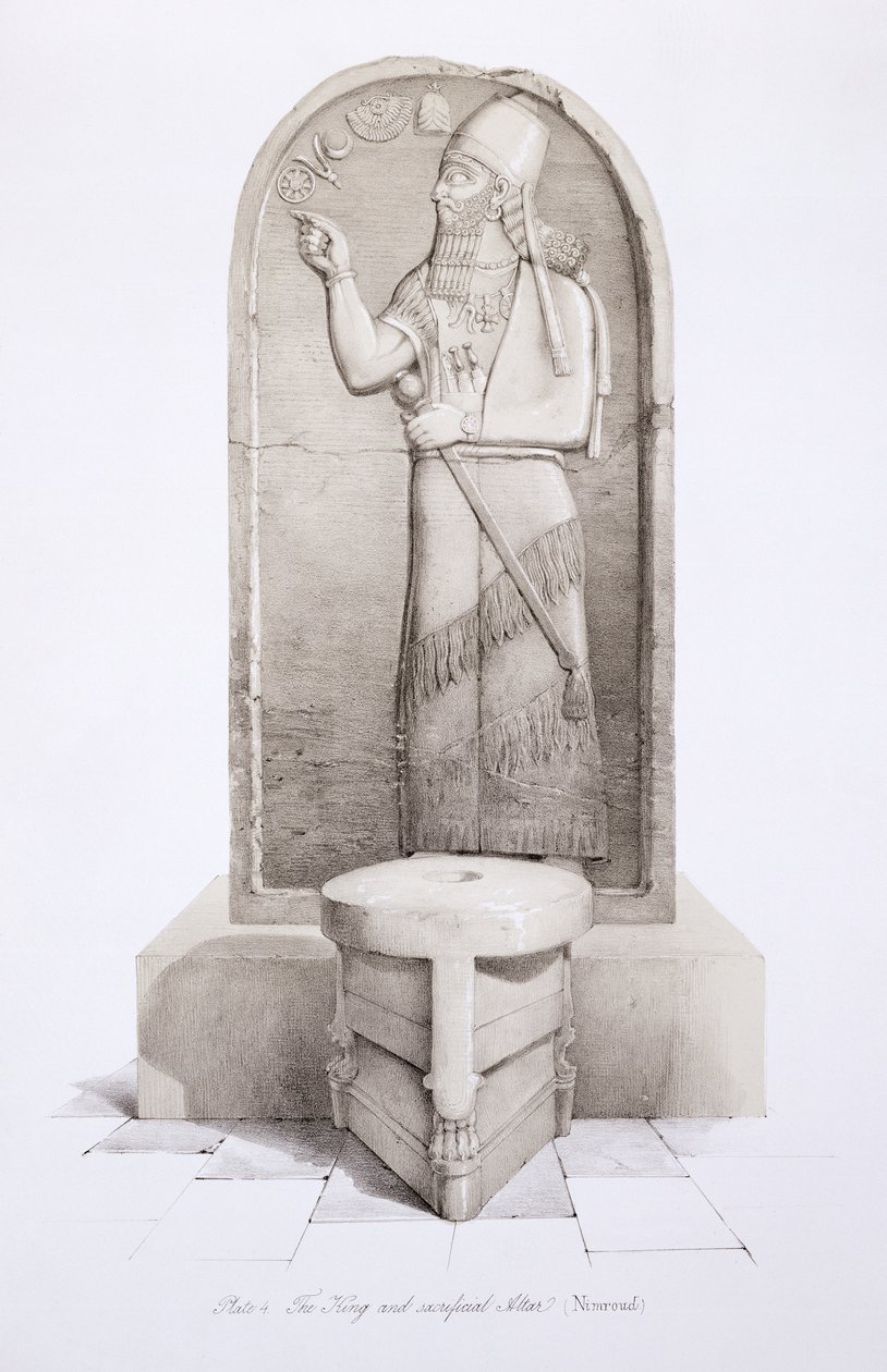 Król i Ołtarz Ofiarny, Nimrud, tablica 4 z Niniwy i jej szczątki, Austen Henry Layard (1817-94) opublikowana w 1849 r. autorstwa English School