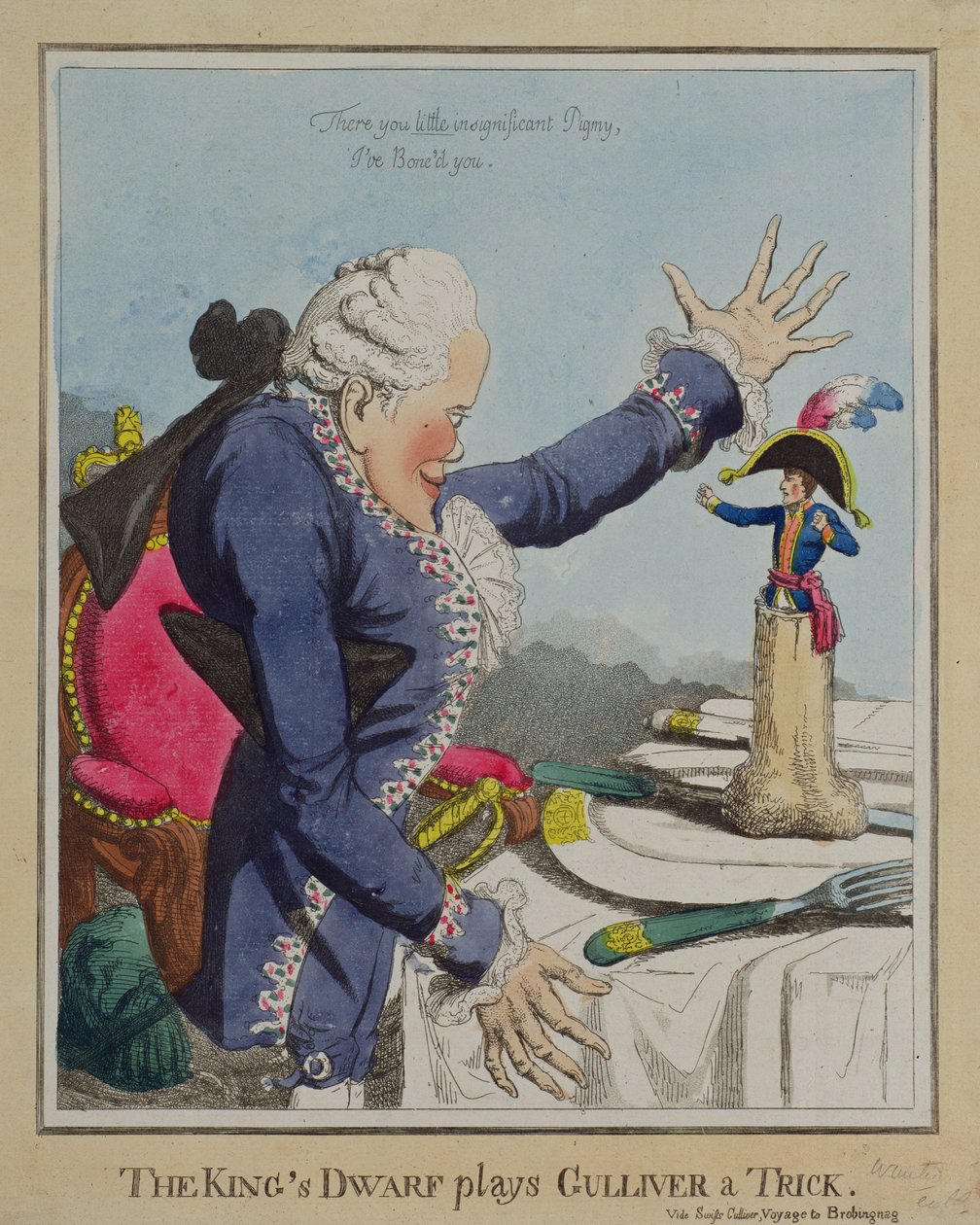 „Królewski krasnoludek gra Guliwera w sztuczkę” Williamsa, opublikowana 18 października 1803 r. (rycina) autorstwa English School