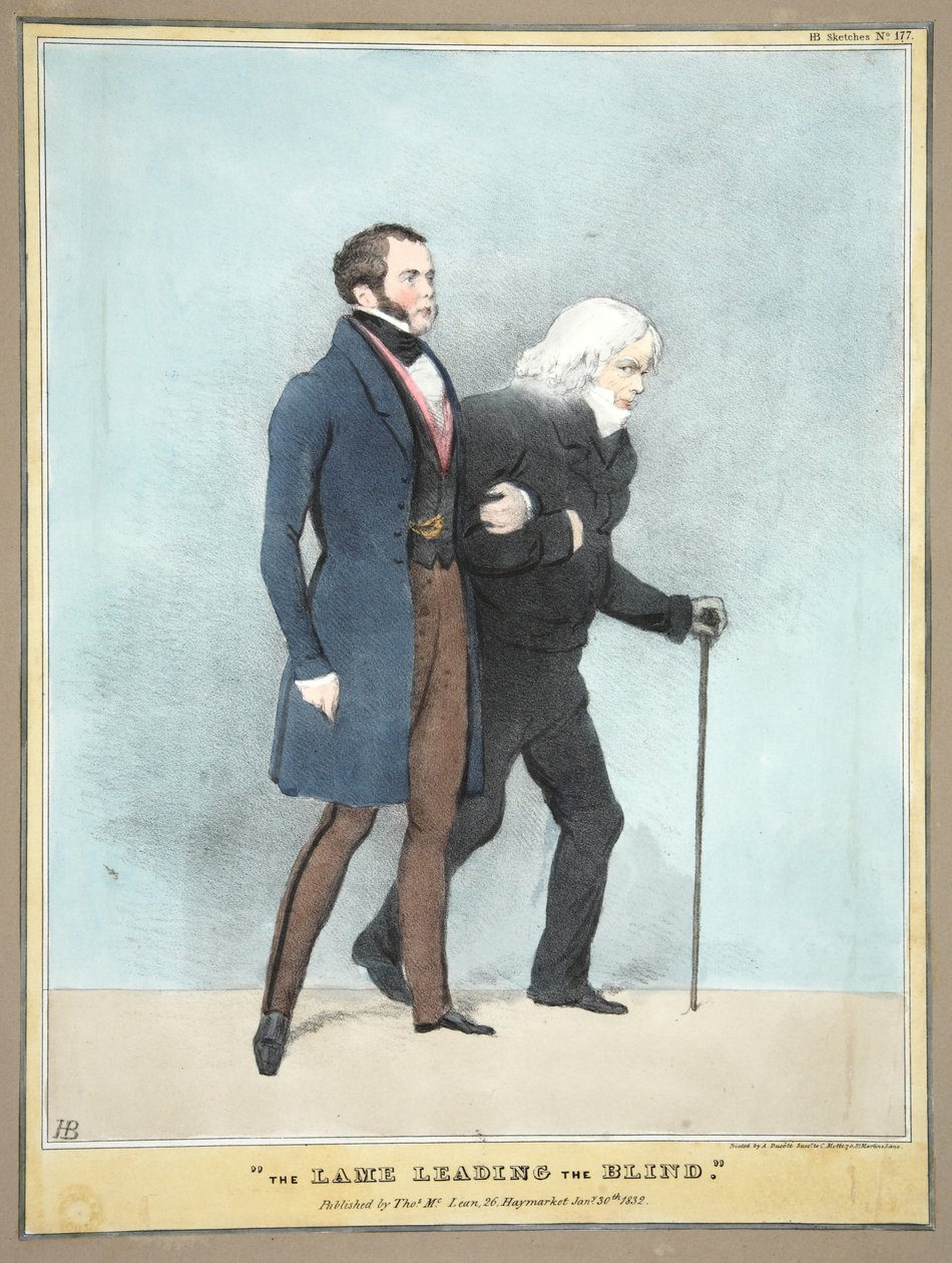Kulawy prowadzący ślepych, wyd. 1832 (kolorowy grawerunek) autorstwa English School