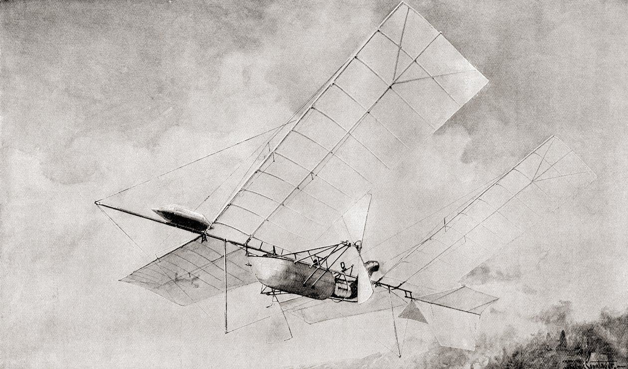 Maszyna latająca na lotnisku Langley w locie w XIX wieku. Z magazynu Strand opublikowanego w 1897 r. autorstwa English School
