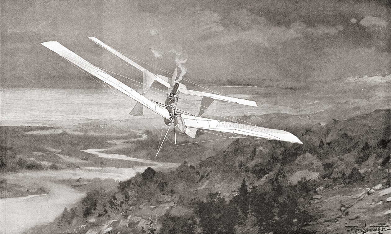Maszyna latająca na lotnisku Langley w locie w XIX wieku. Z magazynu Strand opublikowanego w 1897 r. autorstwa English School