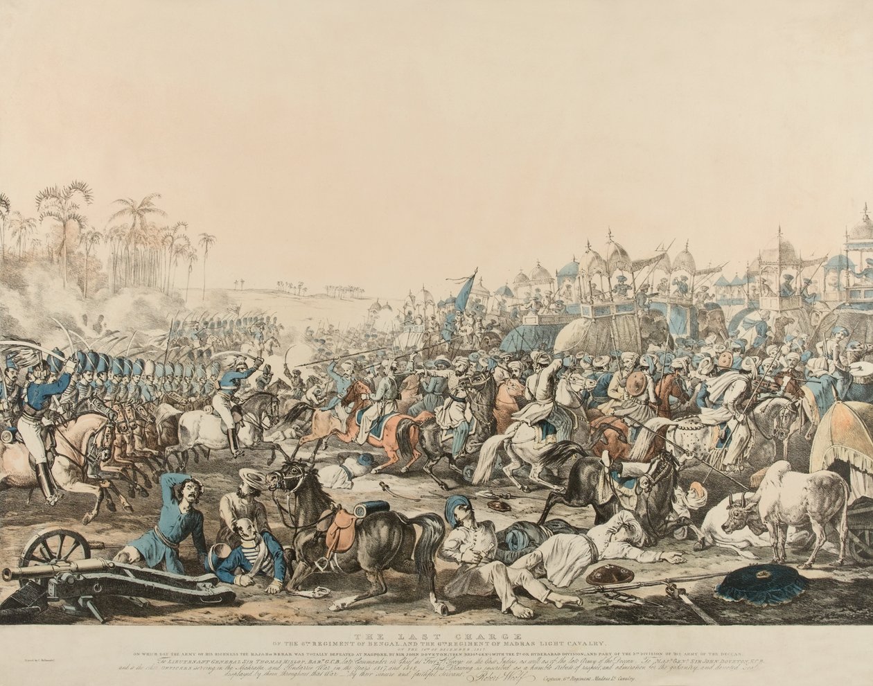 Ostatnia szarża 6. pułku (sic) Bengalu i 6. pułku lekkiej kawalerii Madras w dniu 16 grudnia 1817 r. (kolor litho) autorstwa English School