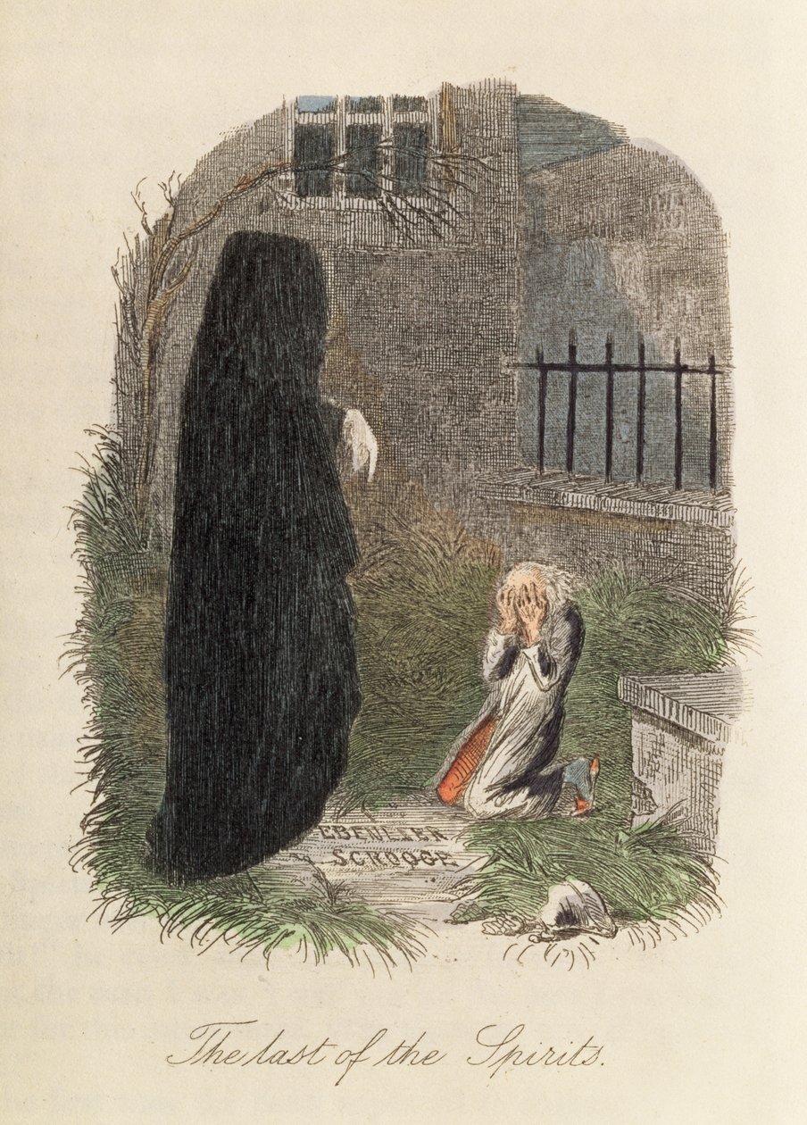 The Last of the Spirits, ilustracja do Opowieści wigilijnej Karola Dickensa (1812-70) 1843 (kolorystyka) autorstwa English School