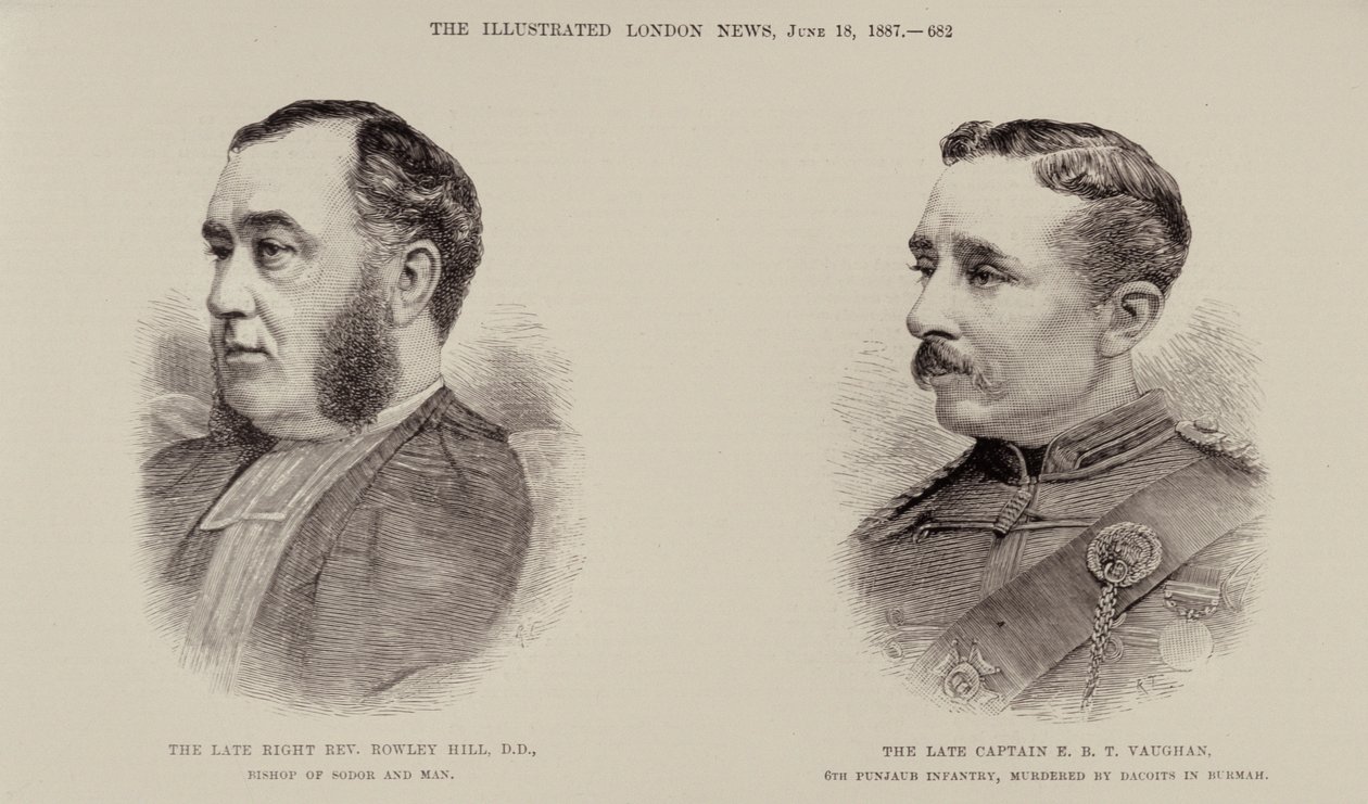 Późny prawicowy wielebny Rowley Hill, biskup Sodor i Man oraz zmarły kapitan E.B.T. Vaughan, 6. punjaubska piechota, zamordowany przez Dakoitów w Birmie, z The Illustrated London News, 18 czerwca 1887 (e autorstwa English School