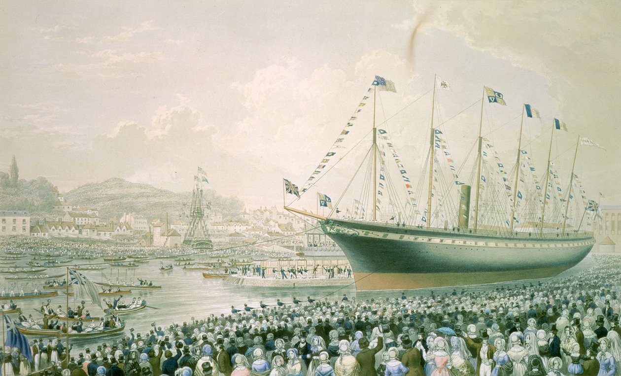 Wodowanie parowca „Wielka Brytania” w Bristolu, 9 lipca 1843, ok. 1843 (kolor lito) autorstwa English School