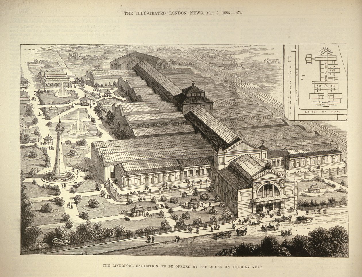 Wystawa w Liverpoolu, która ma zostać otwarta przez królową, z The Illustrated London News, 5 sierpnia 1886 r autorstwa English School