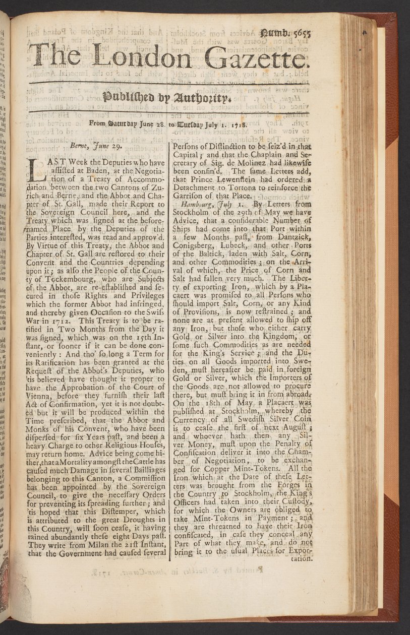 The London Gazette, nr 5655, s. 1, 28 czerwca 1718 (druk) autorstwa English School