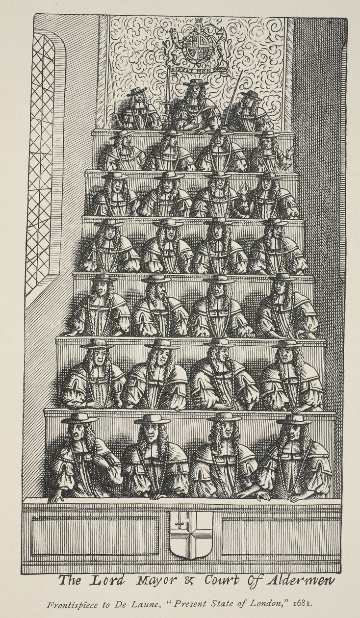 Lord Mayor and Court Of Aldermen, frontispis z De Launes Angliae Metropolis, 1681 autorstwa English School