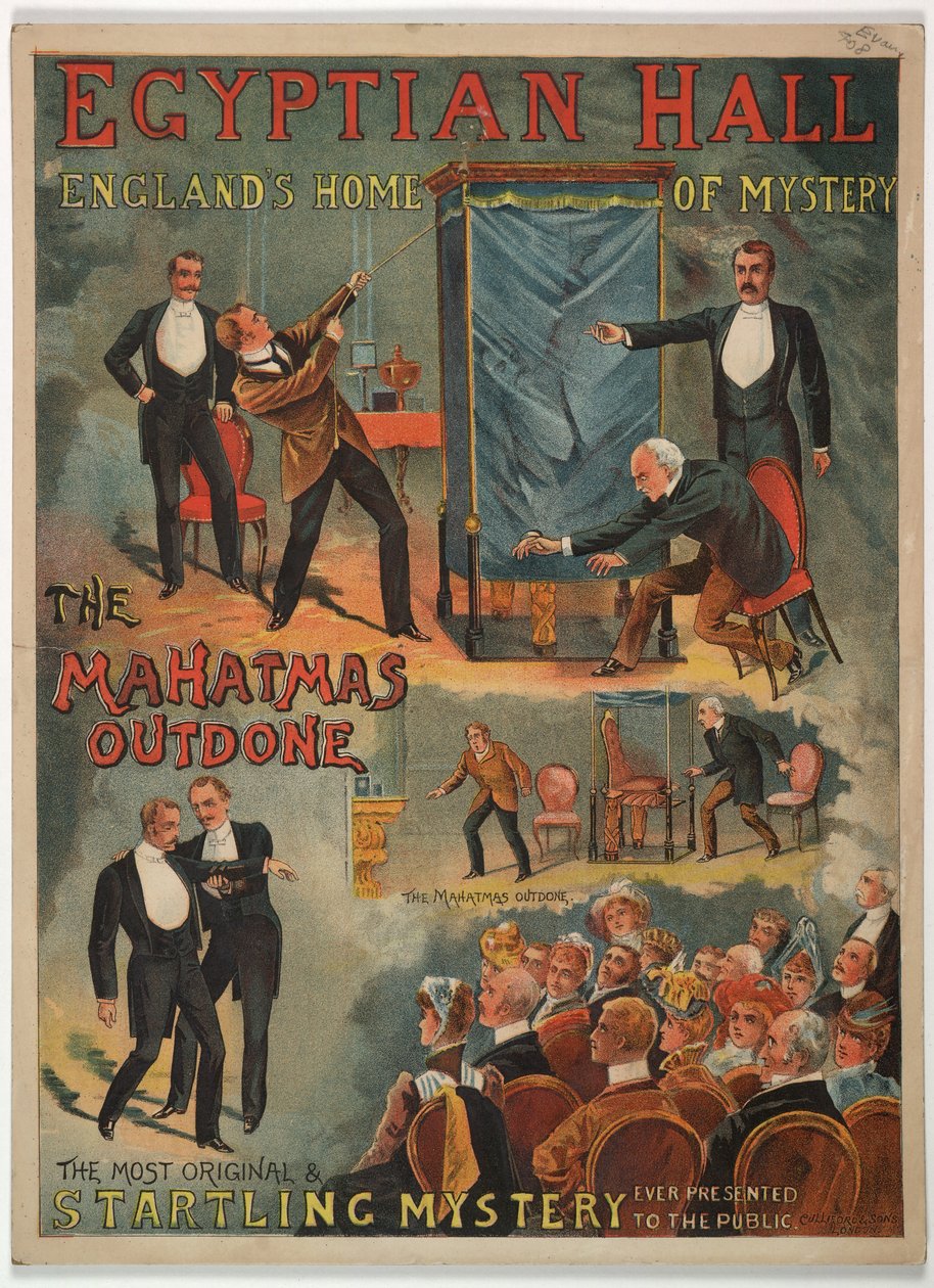 „The Mahatmas Outdone”, zaprezentowany w sali egipskiej przez Maskelyne i Cooke w 1891 roku (kolor lito) autorstwa English School