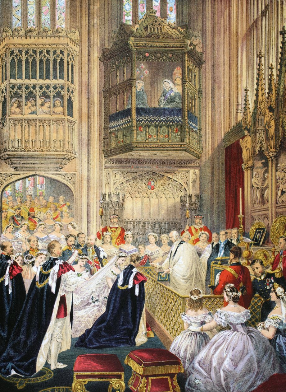 Ślub w kaplicy św. Jerzego, Windsor, z Pomnika małżeństwa Edwarda VII i Aleksandry z Danii, wyd. 1864 autorstwa English School
