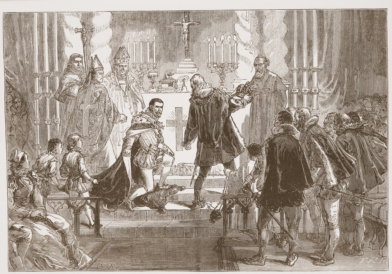 Marszałek Polski domagający się przysięgi od księcia Andegaweńskiego, ilustracja z Historii protestantyzmu Jamesa Aitkena Wyliego (1808-1890), wyd. 1878 autorstwa English School
