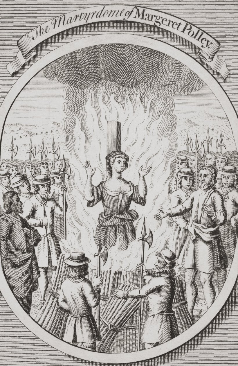 Męczeństwo Margeret Polley w Tunbridge, z "The Burning of the Martyrs", opublikowanego w 1741 r. (litografia) autorstwa English School