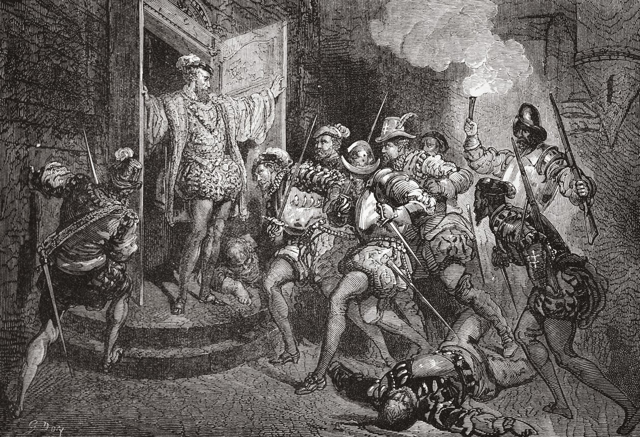 Masakra św. Bartłomieja: atak na kwaterę Colignys, ilustracja z Historii protestantyzmu Jamesa Aitkena Wylie (1808-1890), wyd. 1878 autorstwa English School