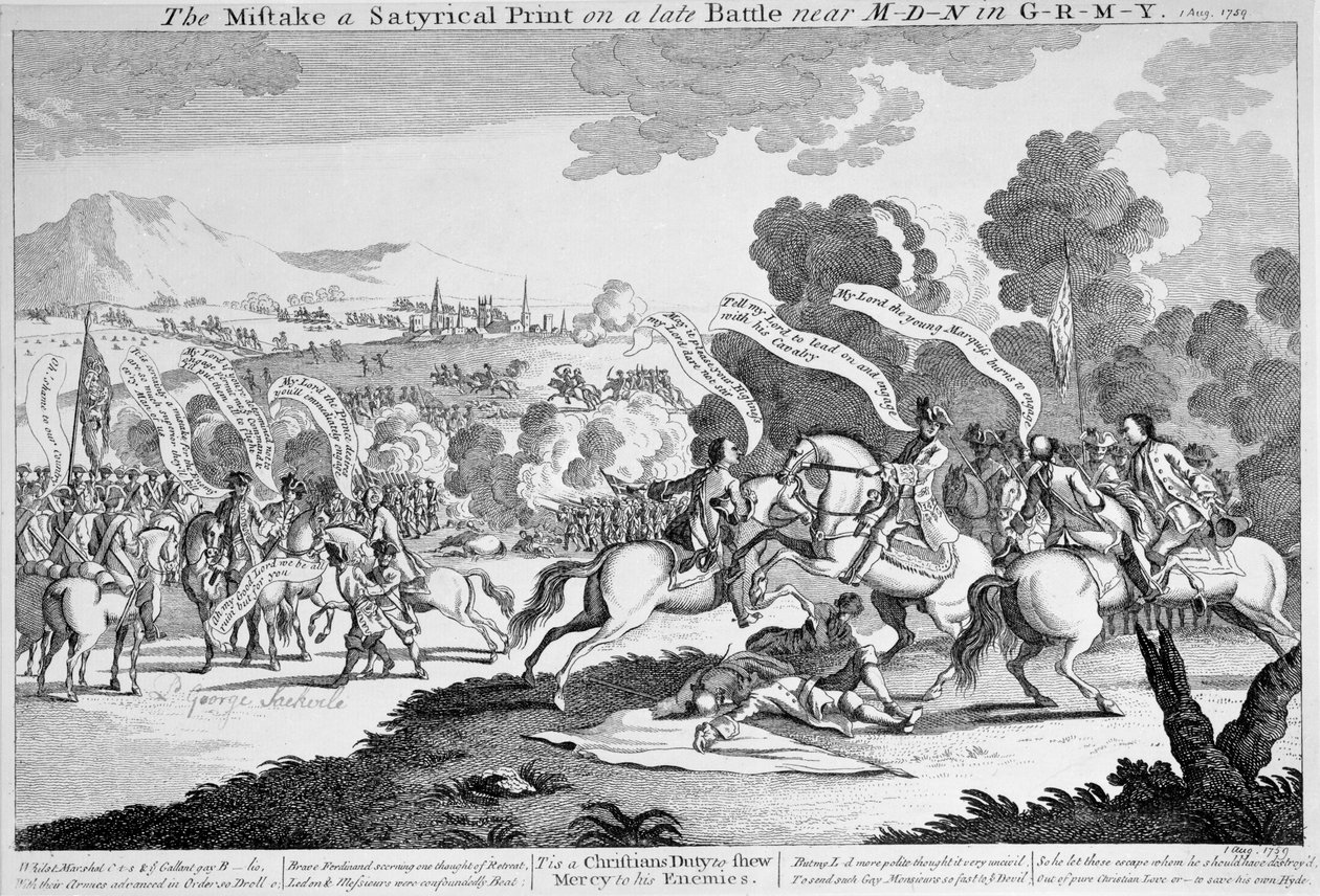 Błąd w satyrycznym nadruku o późnej bitwie w pobliżu M-d-n w G-r-m-y, ok. 1759 (akwaforta) autorstwa English School