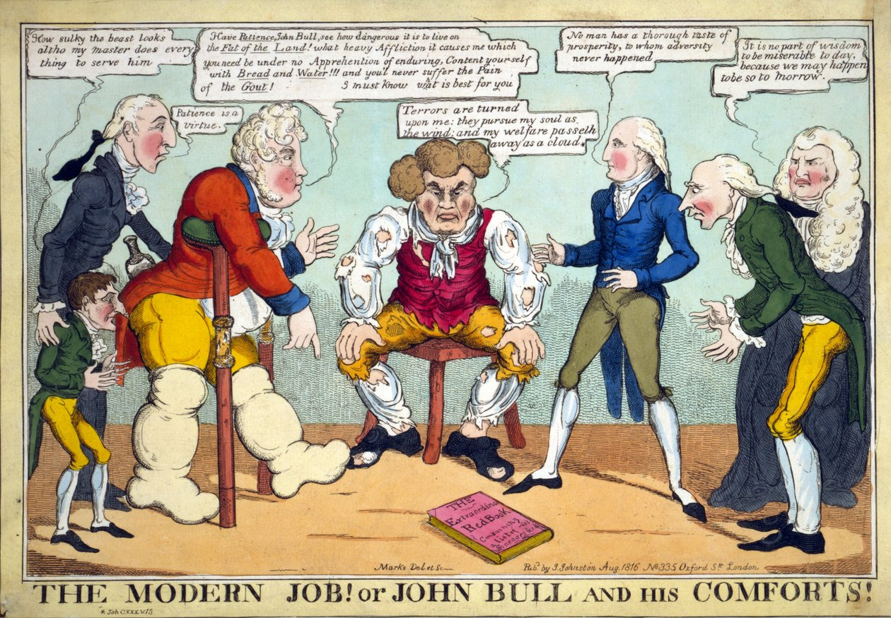 Nowoczesna praca! Albo John Bull i jego pociechy!, wyd. 1816 (ręcznie kolorowane grawerowanie) autorstwa English School
