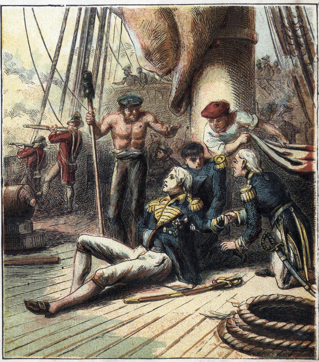 Wojna napoleońska: bitwa pod Trafalgarem, w dniu 21.10.1805 r. przeciwstawiła się flocie francusko-hiszpańskiej pod dowództwem admirała Villeneuve flotę brytyjską dowodzoną przez wiceadmirała Nelsona. Zmarł tam. „Bitwa pod Trafalgarem” autorstwa English School