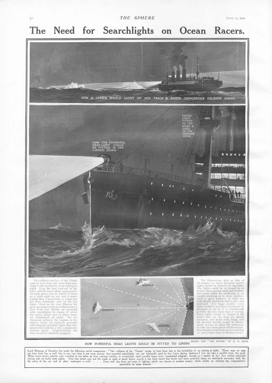 Potrzeba reflektorów na liniowcach oceanicznych, z filmu The Sphere, 27 kwietnia 1912 r. autorstwa English School