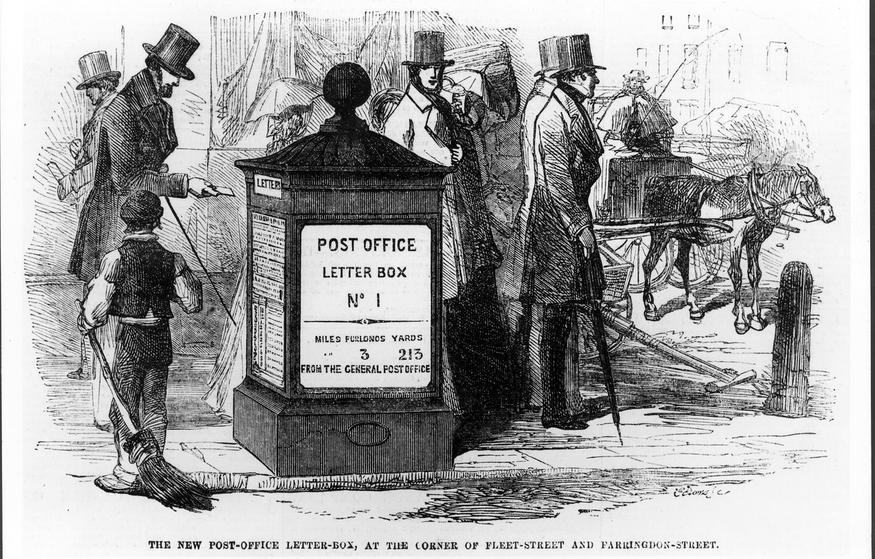 Nowa skrzynka pocztowa na rogu Fleet Street i Farringdon Street, z The Illustrated London News, 24 marca 1855 autorstwa English School