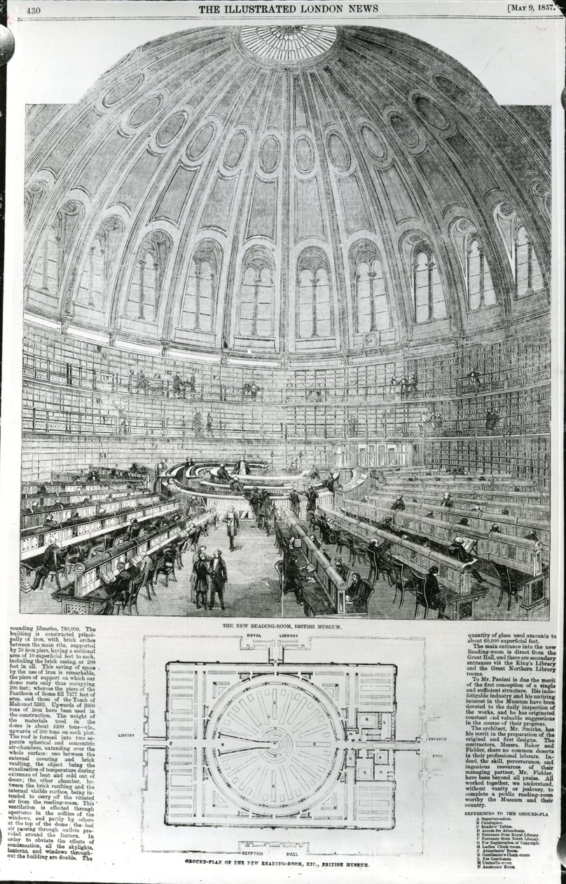 The New Reading-Room, British Museum, opublikowana w The Illustrated London News, 9 maja 1857 autorstwa English School