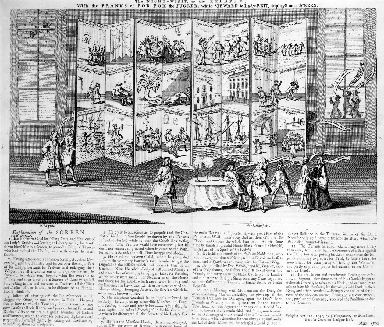 Nocna wizyta lub nawrót: z żartami Boba Lisa żonglera podczas Stewarda dla Lady Britannia, wyświetlany na ekranie, 1742 autorstwa English School