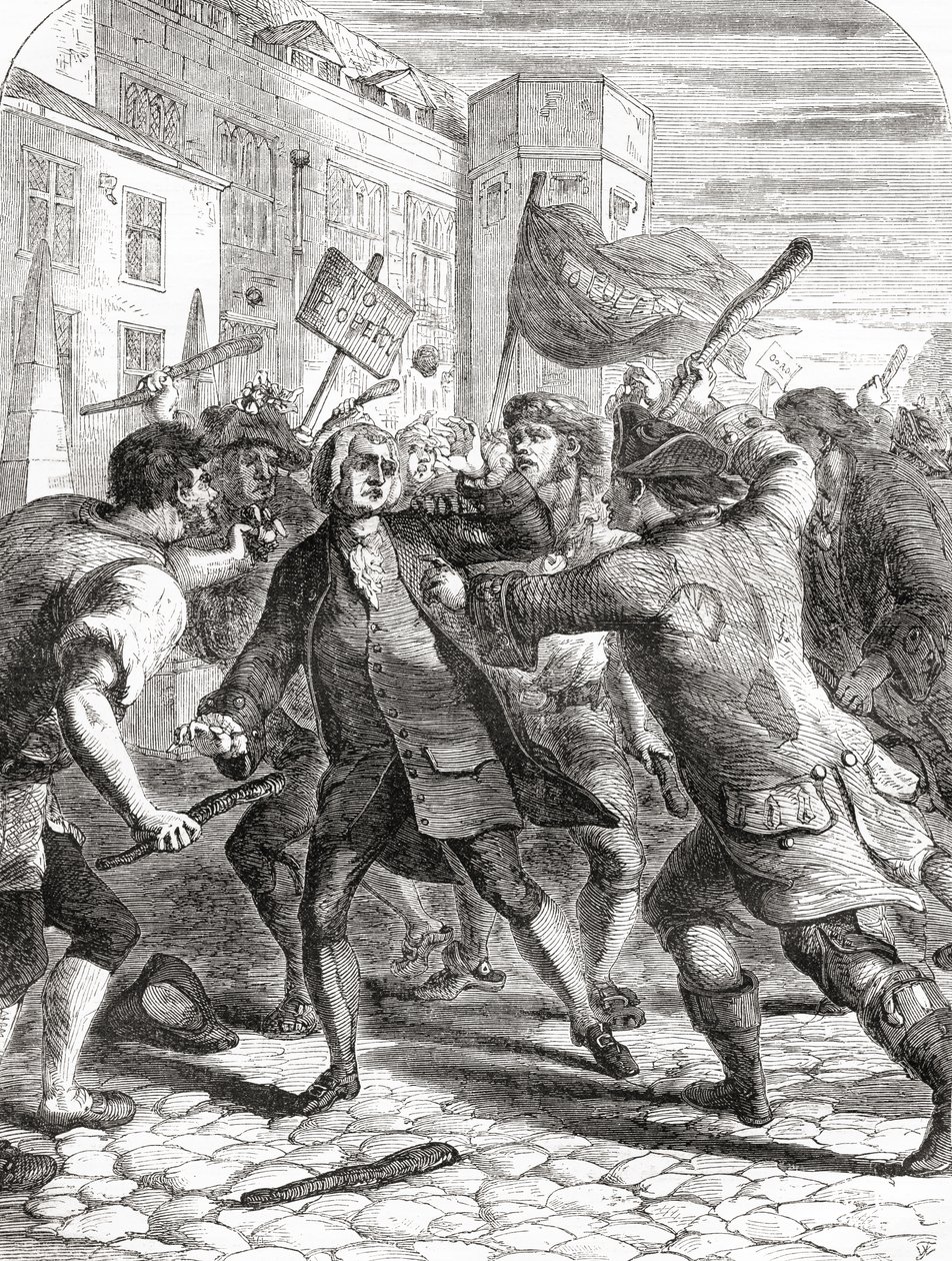 Uczestnicy zamieszek „bez papiestwa” atakujący członków parlamentu w Palace Yard w Westminster w Londynie podczas zamieszek Gordona w 1780 r. autorstwa English School