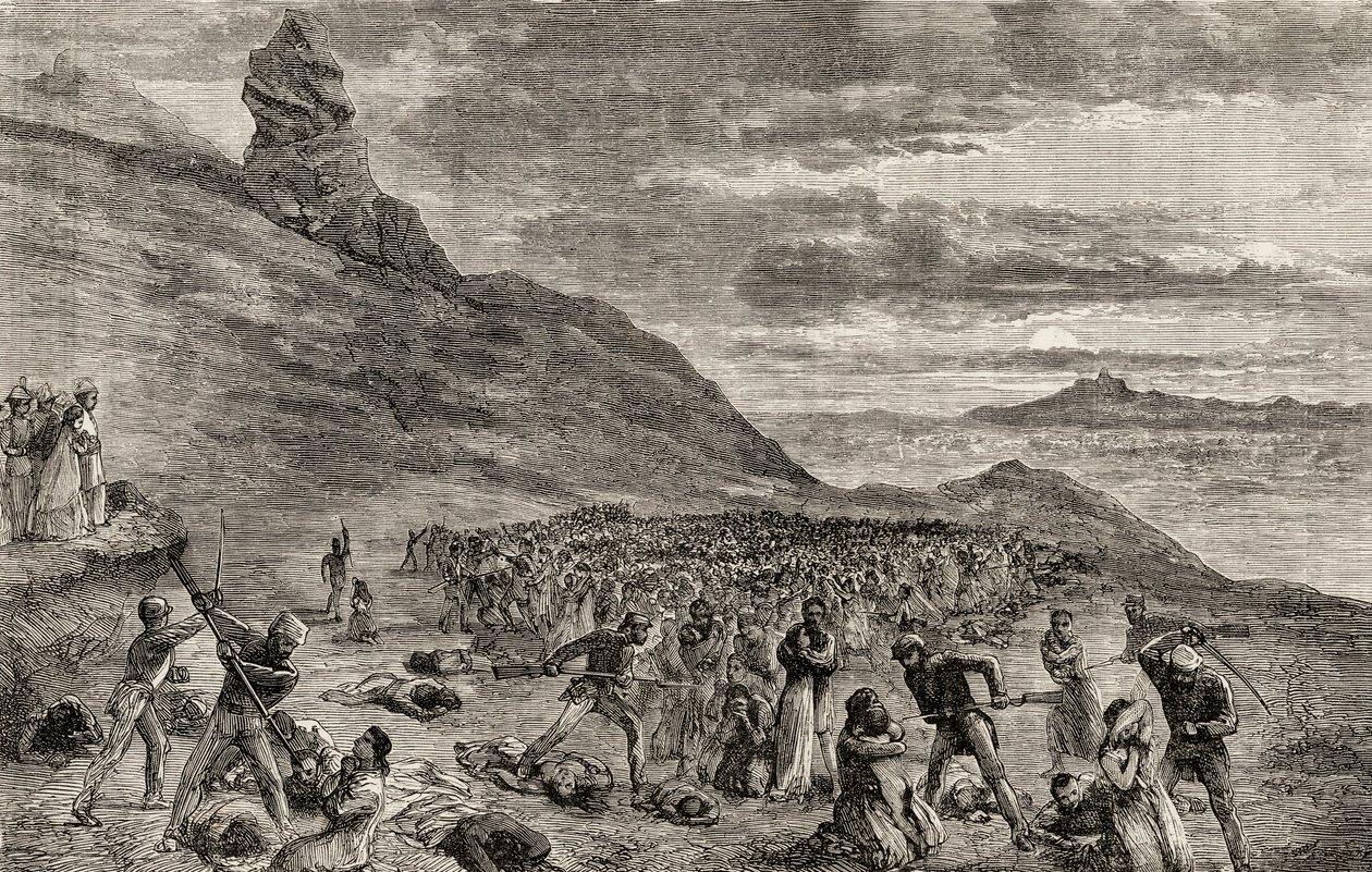 Prześladowania i masakra chrześcijan na Madagaskarze w 1849 r., ok. 1865 r. (drewno) autorstwa English School