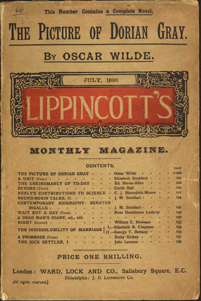 „Obraz Doriana Graya”, Oscar Wilde, miesięcznik Lippincott, lipiec 1890 (kolor lito) autorstwa English School