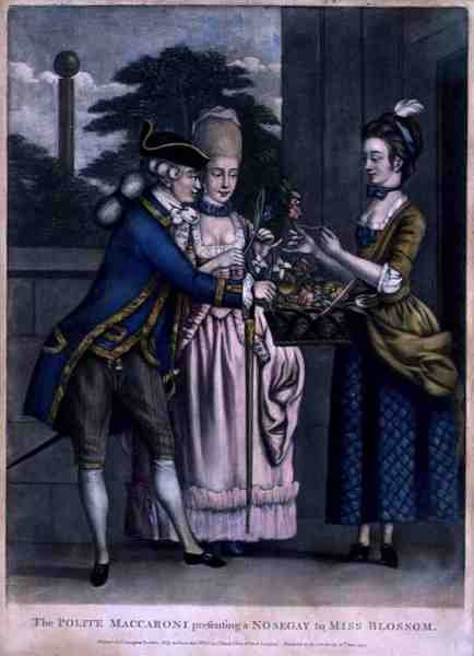 Uprzejmy Maccaroni prezentuje nosegay pannie Blossom, wyd. Carington Bowles (fl.1744-93) autorstwa English School