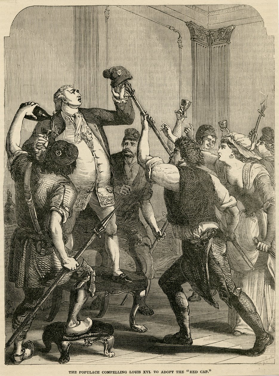 Ludność zmusza Ludwika XVI do przyjęcia czerwonej czapki, 1792 autorstwa English School